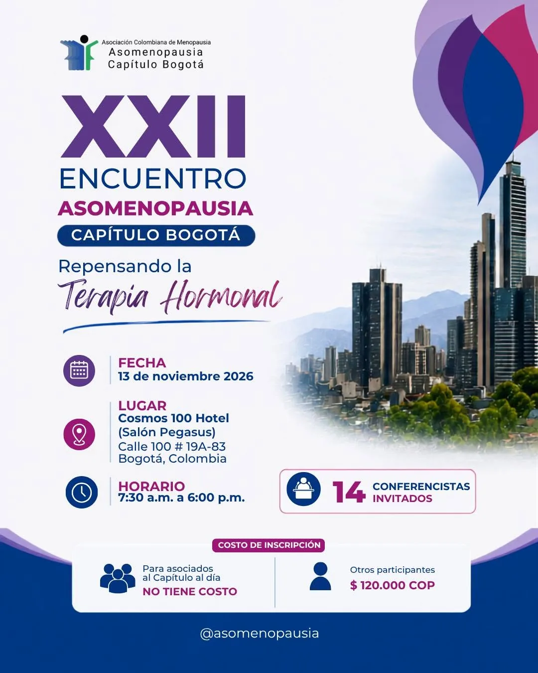 Pieza gráfica del XXII Encuentro Asomenopausia, Capítulo Bogotá: Repensando la Terapia Hormonal, 13 de noviembre de 2026